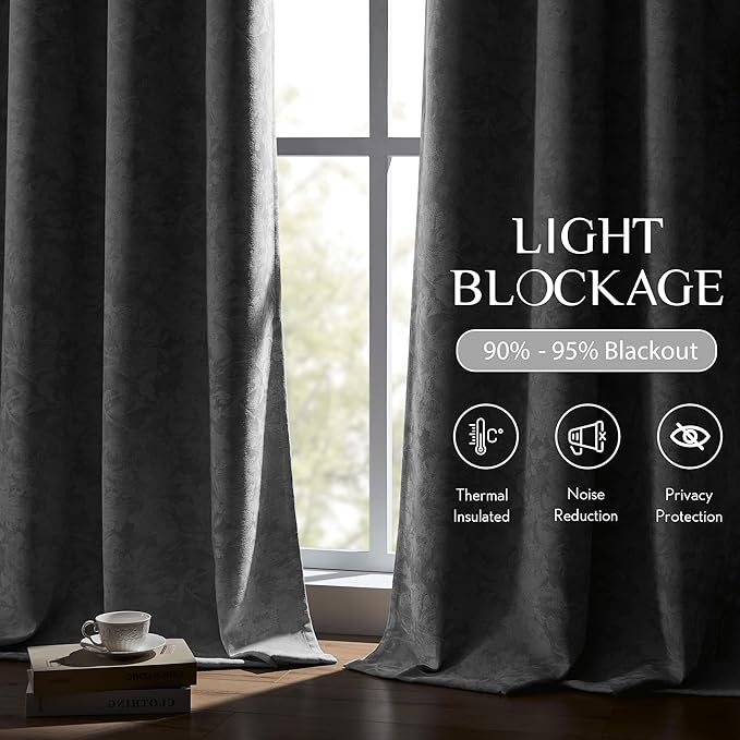 Beauoop Grey Floral Jacquard Blackout Curtains 63 Inches Long 2 Panels for Bedroom Living Room Chenille Flower Room Darkening Thermal Insulated Soundproof Rod Pocket Back Tab Window Drapes, 52x63