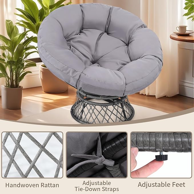 46" Giant Oversized Rattan Papasan Chair with Cushion and Frame for Adults, Fluid 360° Swivel, Waterproof, Grey Frame with Light Grey Cushion