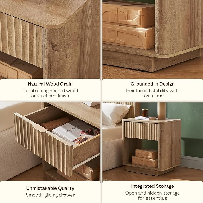mopio Brooklyn Fluted Nightstand, Modern Farmhouse Nightstand, Small Side, Wood Bedside Table with Drawer, End Table with Storage, Fluted Night Stand, Curved Profile (Golden Oak, Single)