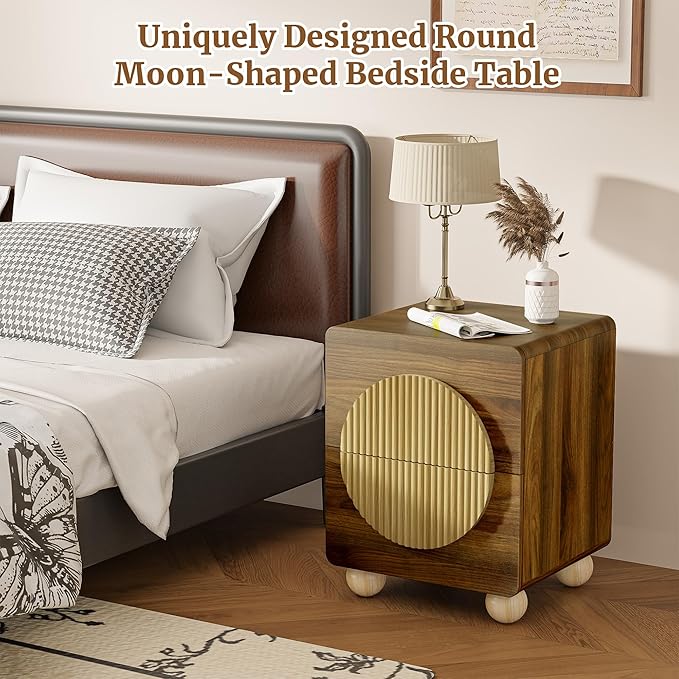 23" Fluted Nightstand with Solid Wood Legs Set of 2, Modern Style Walnut Bedside Table with Round Moon Handle & Storage, Mid Century Cute Night Stand for Bedroom, Side Table, End Table
