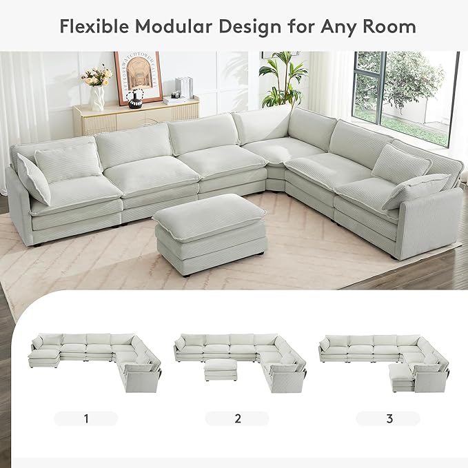 ROWHY 150'' Modular Sectional Corner Cloud Couch, 7 Seater Sofa Big Comfy Corduroy V Shaped Couch with 4 Throw Pillows, Movable Ottoman, Couches for Living Room Office Light Grey