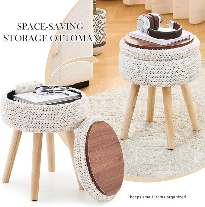 LGENHOOM Round Foot Stool Ottoman with Storage Footrest with Wood Legs Cotton Knitted Vanity Stool Tray Top Coffee Table Multifunctional Upholstered Footstool for Living Room Bedroom White