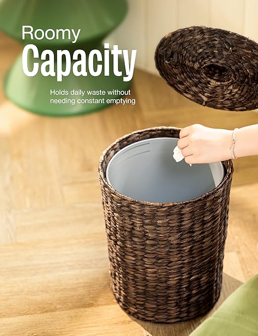 4 Gallons Wicker Waste Basket - Water Hyacinth Bathroom Trash Can - Garbage Can with Lid Boho Style - Wicker Trash Can with Lid for Bedroom, Kitchen - Removable Liner (Black Color)
