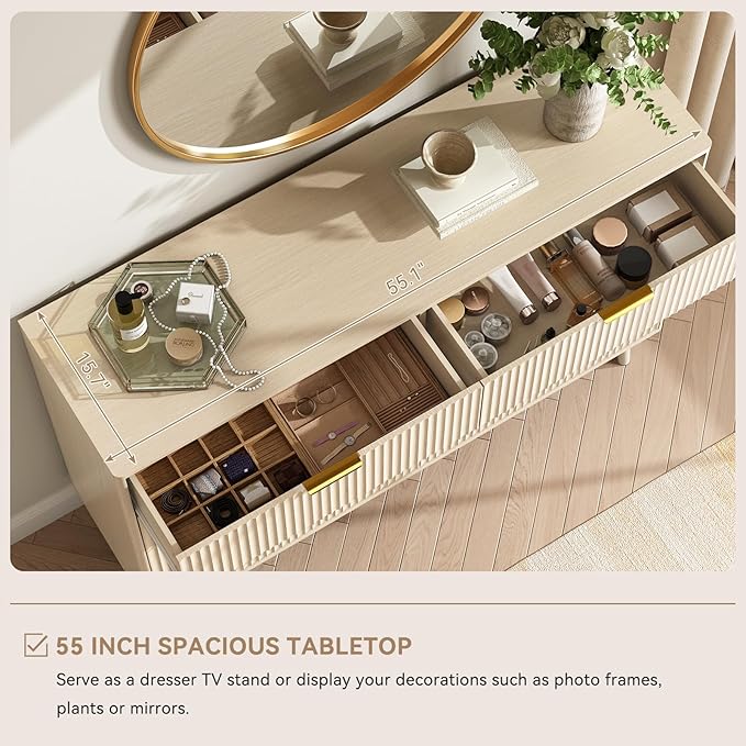 CARPETNAL Fluted 6 Drawer Dresser for Bedroom, 55" Wide Wooden Chest of Drawers with Rounded Corners, Gold Handles, Modern Storage Organizer for Bedroom, Hallway(Beige)