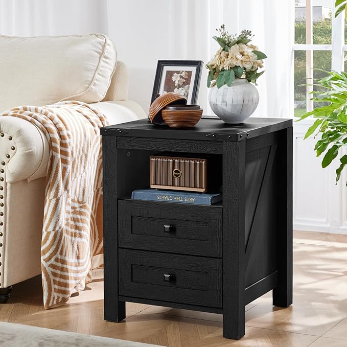 Joaxswe Nightstand with Charging Station, Farmhouse Night Stand with 2 Drawers and Shelf Storage, Wooden Side End Table, Bedside Cabinet for Bedroom, Living Room, Closet, Office (Black)