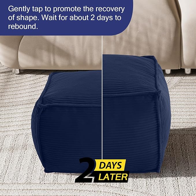 MeMoreCool Square Stuffed Pouf Ottoman Foot Rest, Corduroy Floor Pouf Foot Stool with Foam Chunk Filling, Soft Stuffed Ottoman Footrest for Living Room, Navy
