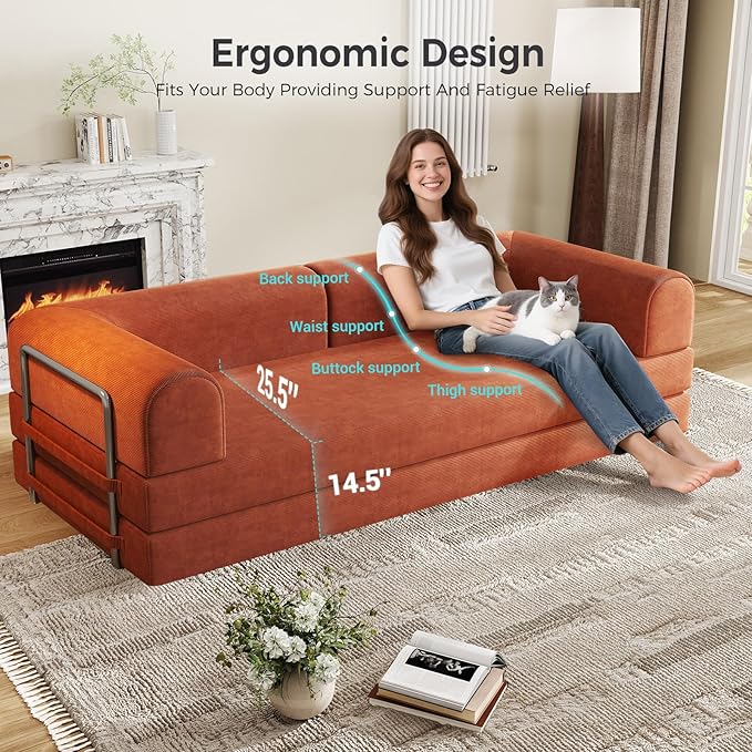 5-in-1 Folding Convertible Sofa Bed, 78 Inch Oversized Corduroy Upholstered Boneless Couch, Loveseat Sleeper with Pull Out Bed, Floor Sofa Modular Futon Couch for Living Room Bedroom Lounge