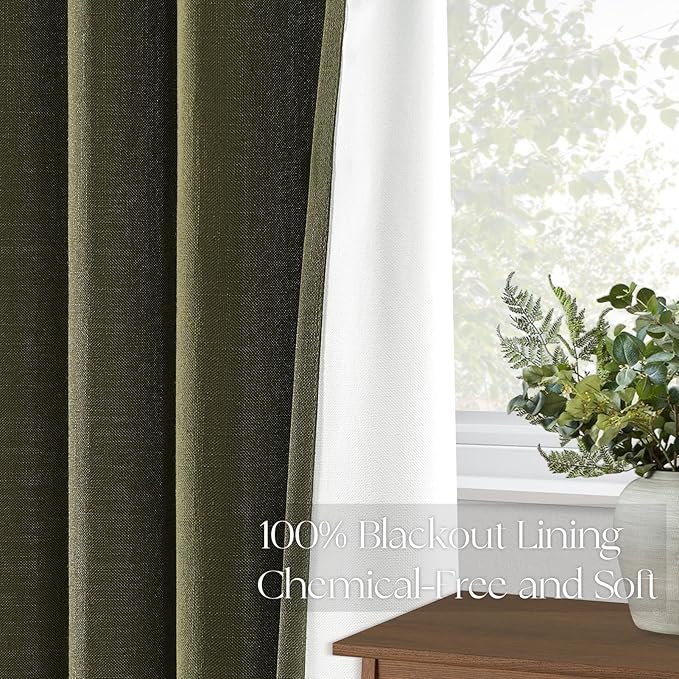 Topfinel Olive Green 105 Inches Long Custom Black Out Faux Thick Linen Curtains, Pinch Pleated Heat Reflective Curtains with Pin Hooks, Luxury Lined Back Tab Drapes 2 Panels for Living Room