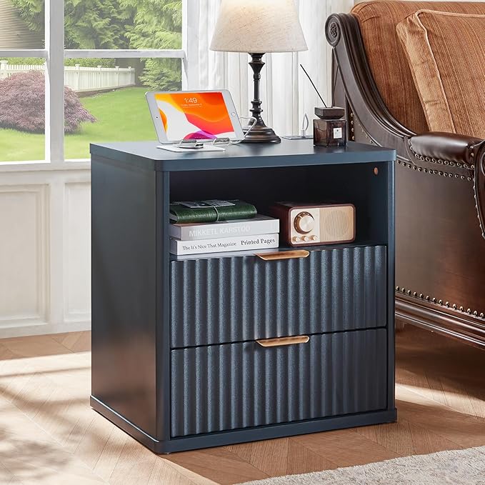 LEYAOYAO 48" Wide Fluted Dresser and 2 Drawers 23" Nightstand Set of 2, Wooden Dresser & Night Stand with Charging Station, 3 Piece Bedroom Furniture Set, Chest of Drawer for Living Room,Blue