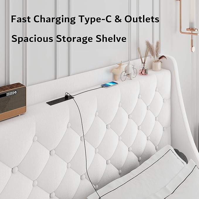 iPormis Full Size Bed Frame with 4 Storage Drawers, Upholstered Platform Bed Frame with Type-C & USB Ports, Wingback Storage Headboard, Solid Wood Slats, No Box Spring Needed, White