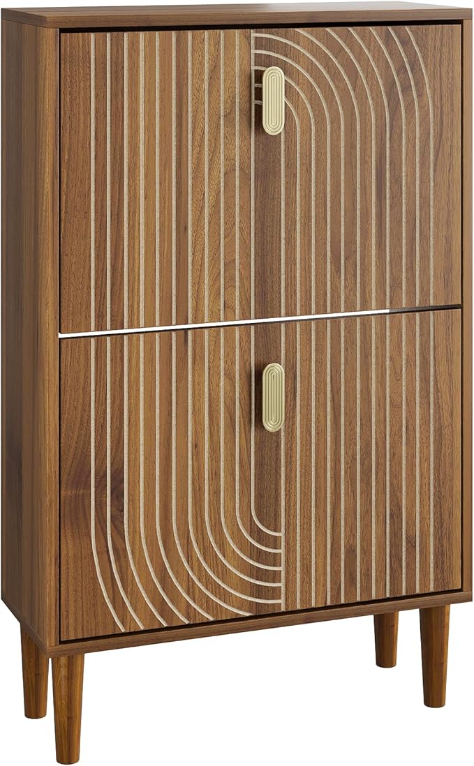 Vibe & Dine Modern Shoe Cabinet with 2 Flip Drawers & Gold Handles, Slim Space-Saving Entryway Shoe Storage Organizer, Freestanding Wood Shoe Rack Cabinet for Hallway, Bedroom, Living Room, Brown