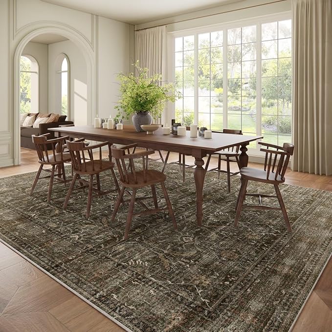 Washable 9x12 Area Rugs for Living Room, Boho Non-Slip Vintage Distress Lager Rugs for Bedroom Dining Room Nursery Office, 0.3" Neutral Oriental Throw Thin Carpet, Rust/Multi