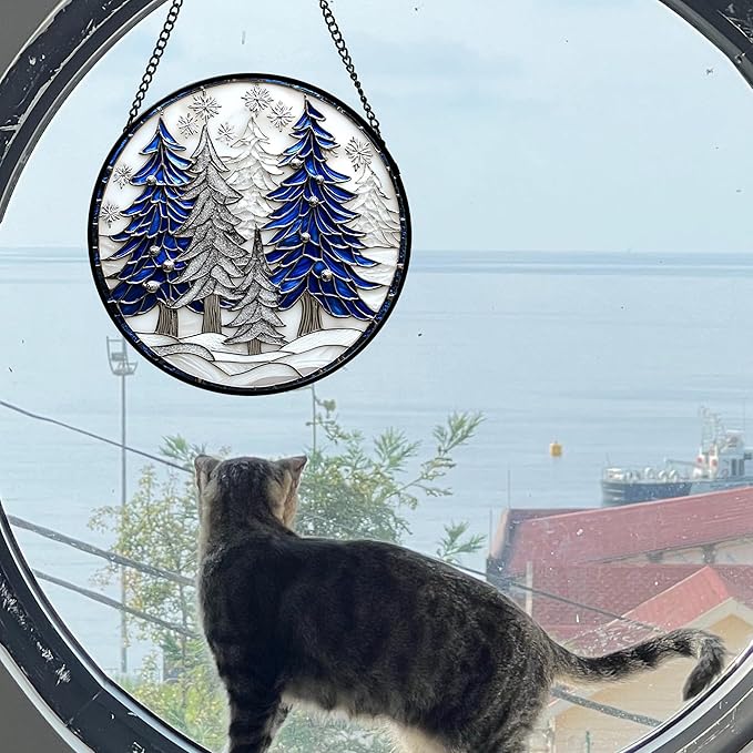 Stained Glass Window Hanging 4 Pcs Set White Winter Christmas Snow Scene 7.8" - Suncatcher Door Garden Sun Catcher Decor Birthday for Mom Woman Nana Men Friend Wife