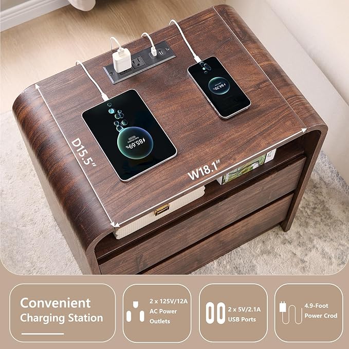 25" Tall Modern Nightstand with Charging Station, 23.6'' Wide Wood Bedside Table w/2 Storage Drawers, Large Mid Century End Table for Bedroom, Living Room, Curved Profile Design, Brown