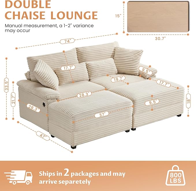 74" Double Chaise Lounge Chair Indoor, Oversized Loveseat with Removeable Ottoman, Corduroy Couch with USB Charging, Storage Ottoman, and Coffee Table Cushions for Living Room (2 Chaise Beige)