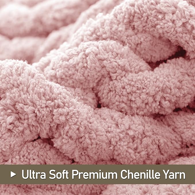 Chunky Knit Throw Blanket 60"X 80", 100% Handmade with Soft Chenille Yarn, 4.4lbs Thick Cable Knitted Blankets, Large Rope Knot Crochet Throws for Couch Sofa Bed Home Decor, Dusty Pink