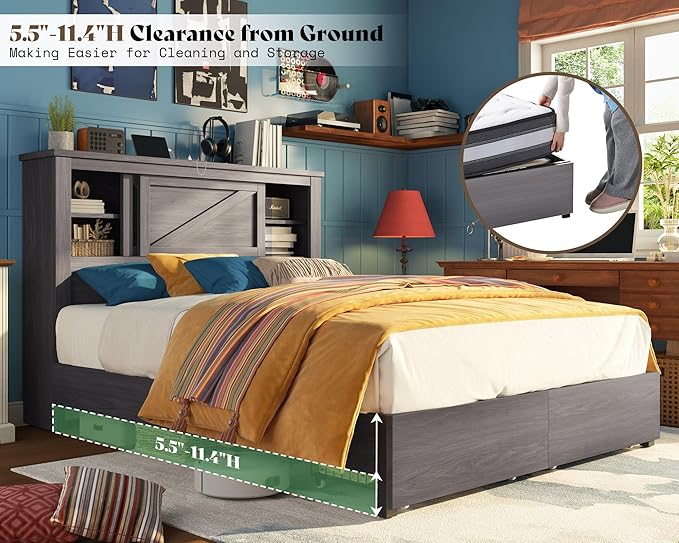 AMERLIFE 47.2" H Full Bed Frame with Hidden Space Bookcase Headboard and Charging Station, Beds with 2 Storage Drawers and Wood Slats, No Box Spring Needed, Grey