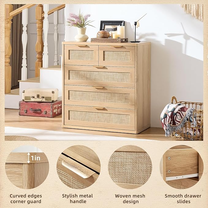 LEYAOYAO Rattan Dresser for Bedroom Set of 2, 33.5" Tall Chest of Drawers, Modern 5 Drawers Boho Dressers with Storage, Light Oak Dresser Wooden Closet Organizer for Living Room, Hallway, Natural Wood