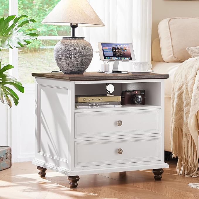 24" Wide Farmhouse Nightstand Set of 2 with Charging Station,End Table with 2 Drawers,Dresser for Bedroom Cabinet, Bed Side Table Chest of Drawers, Wood Night Stand for Living Room, Closet,White