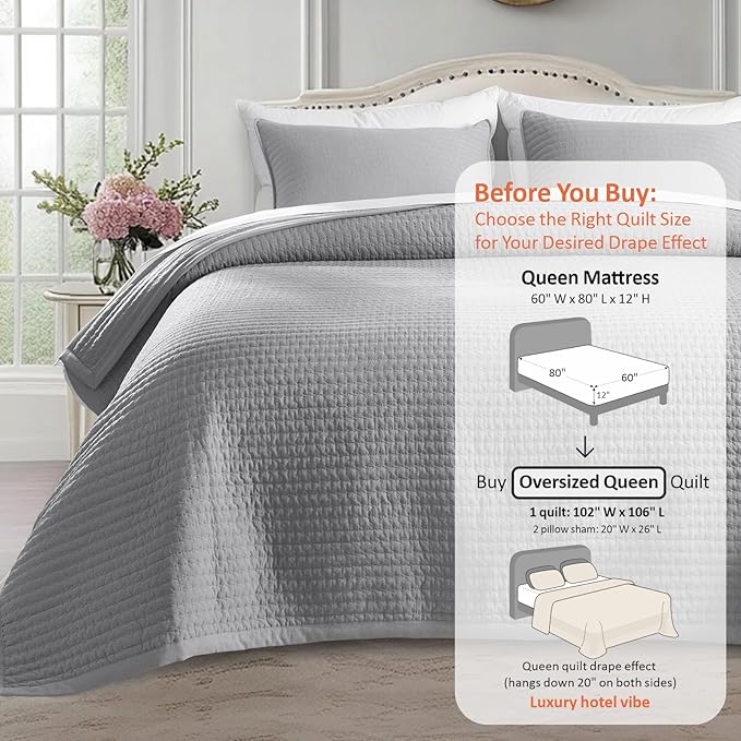 KASENTEX Oversized Queen Quilt Set 102"x106" – Soft Washed 3-Layer Lightweight Bedspread, Minimalist Nordic Design, All-Season Spring & Summer Quilt Set (1 Quilt + 2 Pillow Shams), Solid Grey
