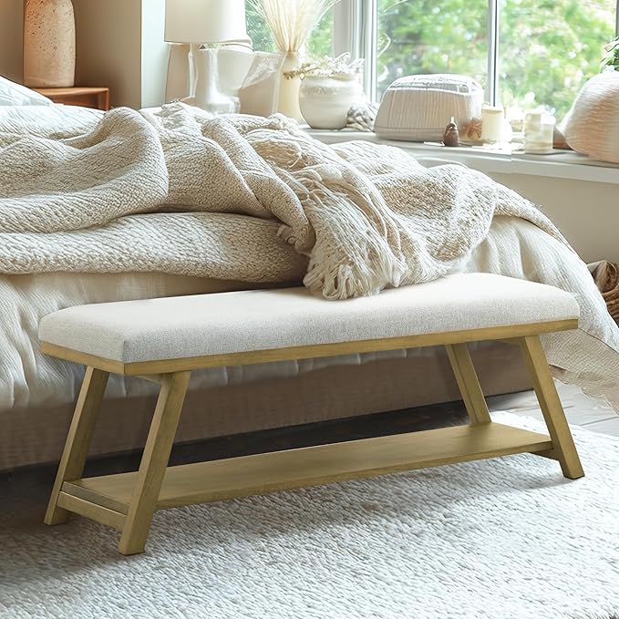 45" Entryway Bench Upholstered Storage Bench for Bedroom Shoe Rack Bench for Living Room, Hallway, Mudroom, Balcony, Sturdy Indoor Bench Seat Holds Up to 300 lbs (Light Grey)