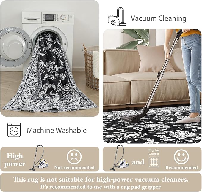 3x8 Runner Rugs for Hallways: Kitchen Runner Non Slip Washable Rug with Rubber Backing Stain Resistant Carpet Low Pile Floral Rugs for Bedroom Bathroom Laundry Living Room Black White 3x8