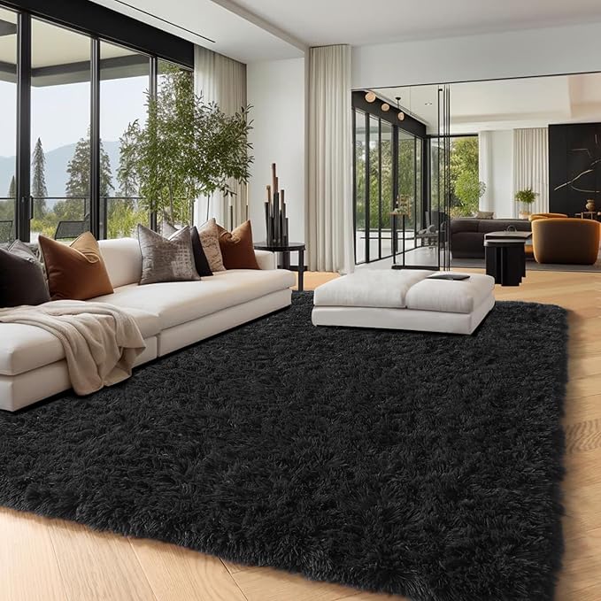 PAGISOFE Black Fluffy Shag Area Rugs for Bedroom 5x7, Soft Fuzzy Shaggy Machine Washable Rugs for Living Room,Plush Nursery Rug Kids Room Furry Floor Rug Boys Carpet for Teen Dorm Black Room Decor