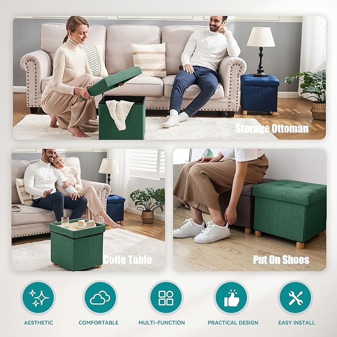 BRIAN & DANY Ottoman with Storage, Small Storage Ottoman for Dorm, Linen Folding Ottoman Foot Stool with Legs for Living Room and Bedroom, 15"x15"x15" - Dark Green