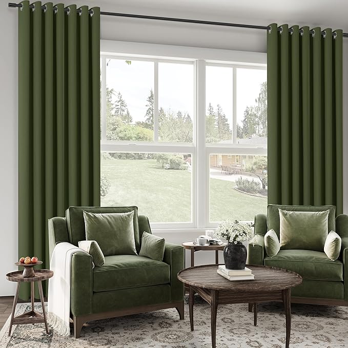 ChrisDowa 100% Blackout Olive Green Solid Curtains 120 Inches Long 2 Panels for Bedroom Living Room,Farmhouse Room Darkening Thermal Insulated Soundproof Grommet Top Window Treatment Drapes,52x120