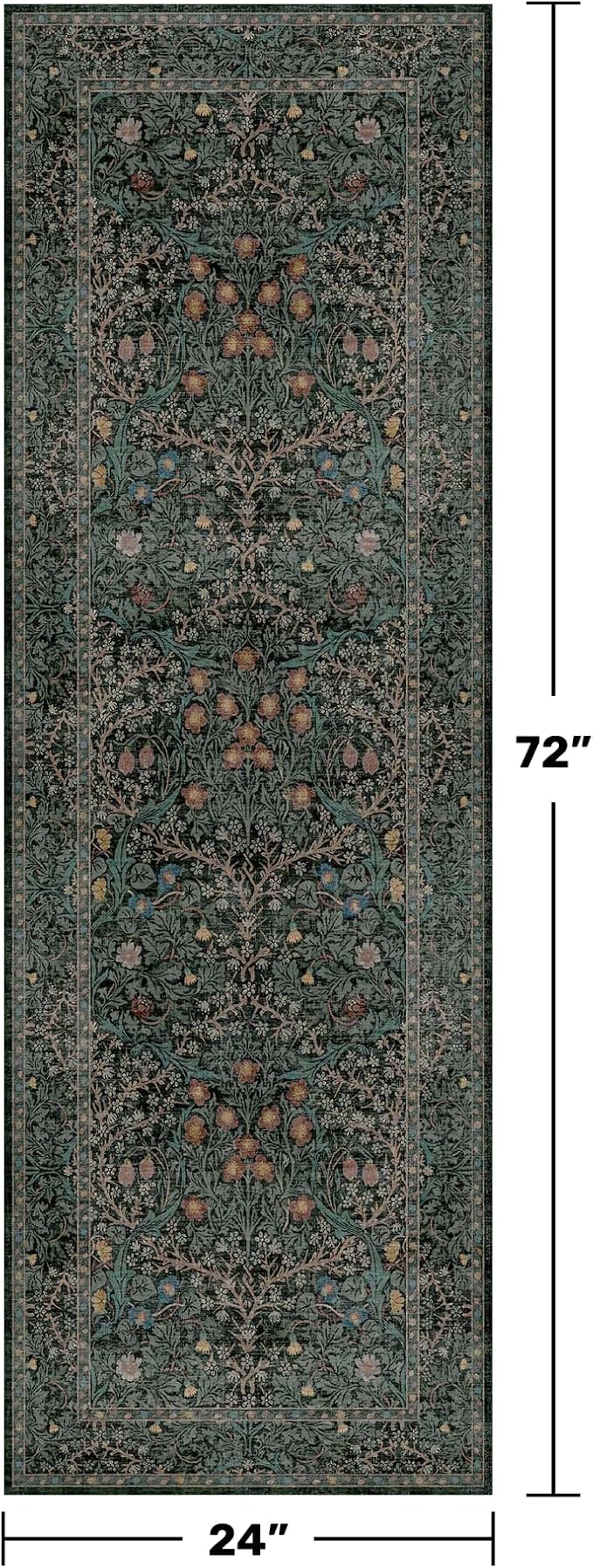 8ft Long Runners for Hallways Non Slip, 2'6" x 8' Floor Runner for Kitchen, Entryway Indoor, Washable Rubber Backing Stain Resistant - Vintage Floral Dark Green & Black Wide Décor