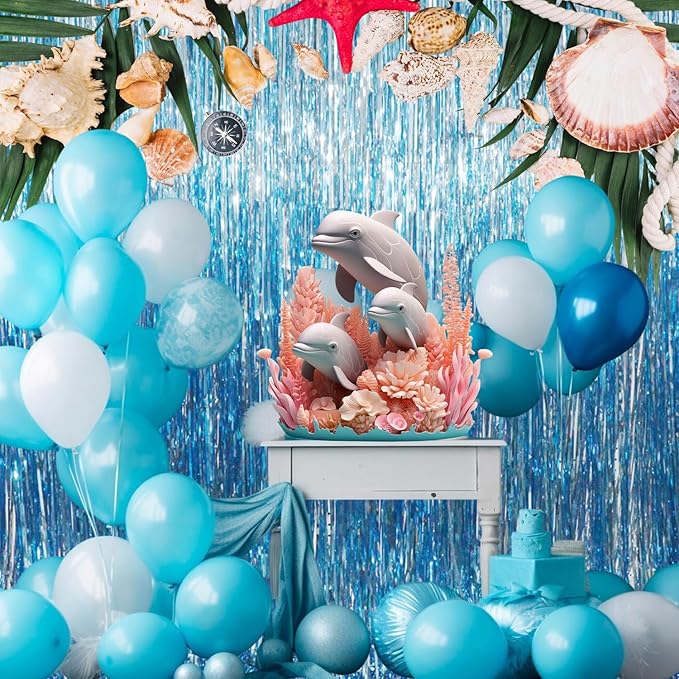 GOER 3.2 ft x 8.2 ft Metallic Tinsel Foil Fringe Curtains Party Photo Backdrop Party Streamers for Birthday,Graduation,New Year Eve Decorations Wedding Decor (4 Packs,Blue)