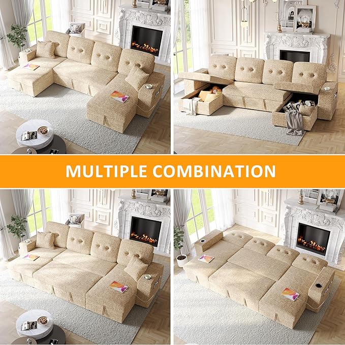 117" Sleeper Sofa Bed, U-Shaped Sofa with Dual Reversible Storage Chaise | Adjustable Backrest | Wide Armrest, Sectional Couches for Living Room, 4 in 1 Pull Out Couch Bed, Khaki Chenille