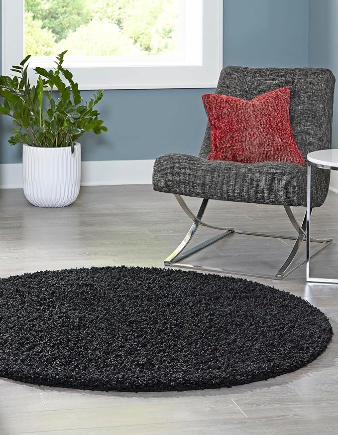 Unique Loom Solid Shag Collection Area Rug (5' 3" Round, Jet Black)