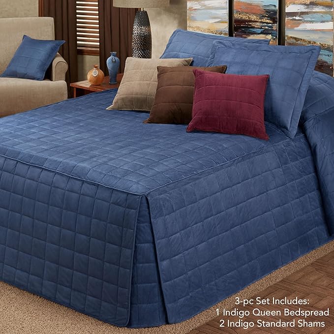 Touch of Class Camden Luxury Bedding | Warm Indigo Color | Grande Fitted Bedspread | Faux Suede Box Quilted Design | Designed 3 Piece Set Includes Queen Bedspread and 2 Standard Shams