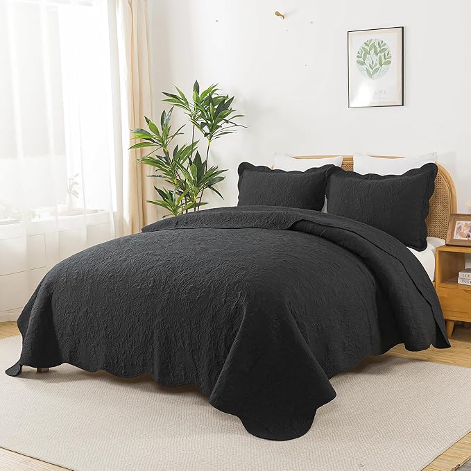 HoneiLife Quilt Sets King Size - Microfiber Bedspreads for King Bed, 3-Piece Lightweight Coverlets, Retro Bedlinen Sets, King Quilt Bedding Set All Season Use-Black
