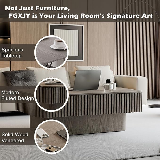 Lift Coffee Table with Storage & Adjustable Height, Rectangle Solid Wood Coffee Table Fluted Center Table Accent Tea Table or Living Room, Apartment, Office (38.6" Grey)