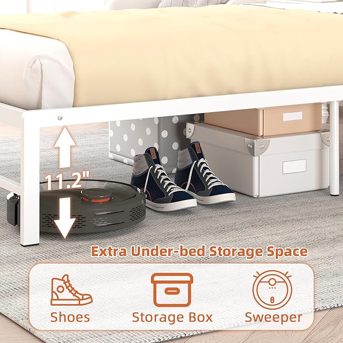 Twin Bed Frames with Charging Station, 2 Tiers Storage Headboard Twin Sized Bed No Box Spring Needed Heavy Duty Metal Platform, White