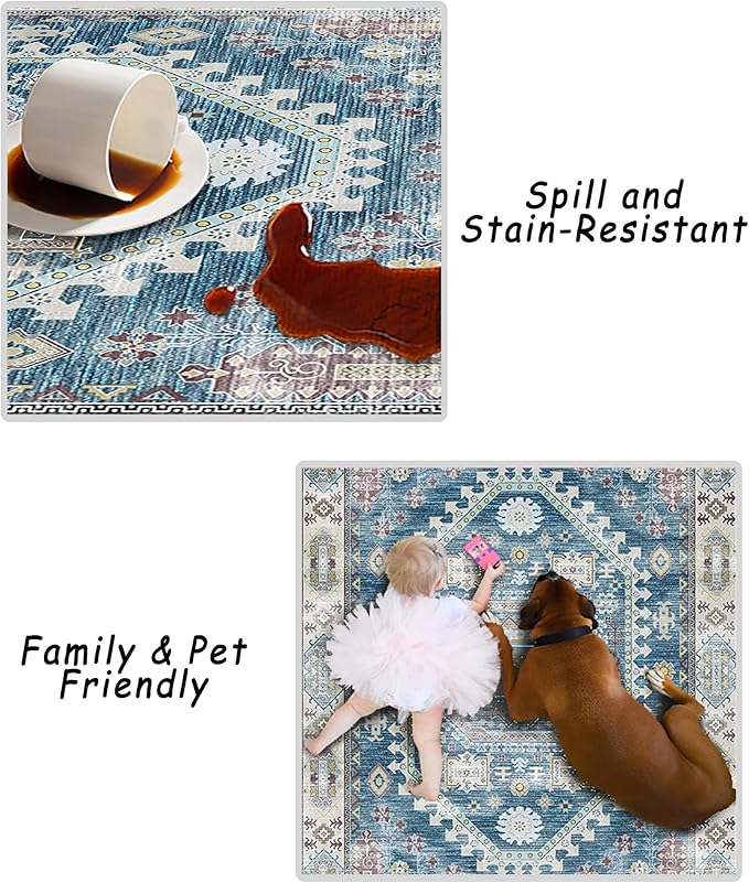 vivorug 8x10 Area Rugs for Living Room, Non-Slip Backing Washable Rug 8x10, Blue Large Area Rug Soft Carpet for Bedroom Dining Room, Vintage, Easy Clean, Durable, Low Pile Rug Under Table