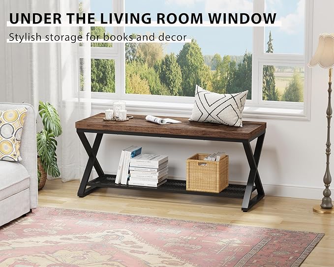LVB Rustic Entryway Bench with Shoe Storage, Wooden and Metal Shoe Bench with Seating, Industrial Indoor Bench for Living Room Bedroom, Shoe Rack Bench for Foyer Hallway Entrance, Rustic Brown, 39 in