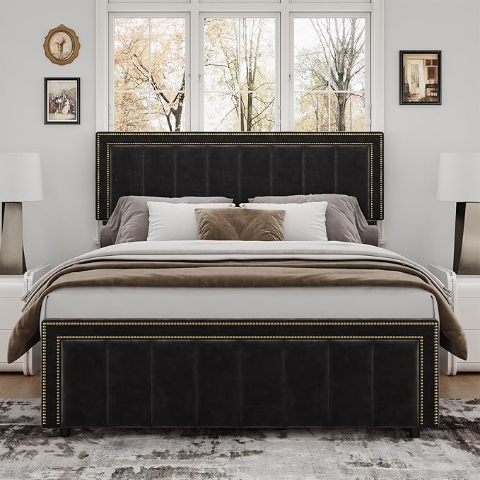 BarnFurin Full Size Bed Frame with 50" Tall Headboard and Footboard, Chenille Upholstered Platform Bed, Vertical Channel Tufting with Nailhead Trim, No Box Spring Needed, Easy Assembly, Black