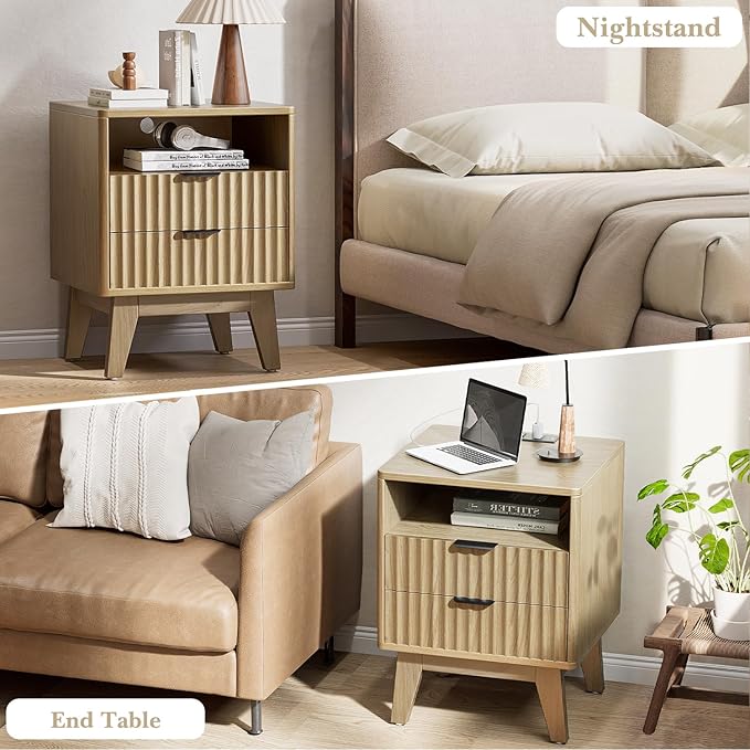 Nightstand Set of 2 with Charging Station, Modern Fluted 2 Drawer End Tables with Storage Shelf, Natural Oak Bedside Tables for Bedroom & Office