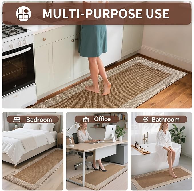 Anti Fatigue Kitchen Mats for Floor, Super Absorbent Kitchen Rugs Non Slip Washable, Soft Linen Braided Kitchen Runner Rug, Standing Mat Kitchen Sink Mat, Easy to Clean, Brown 17x30