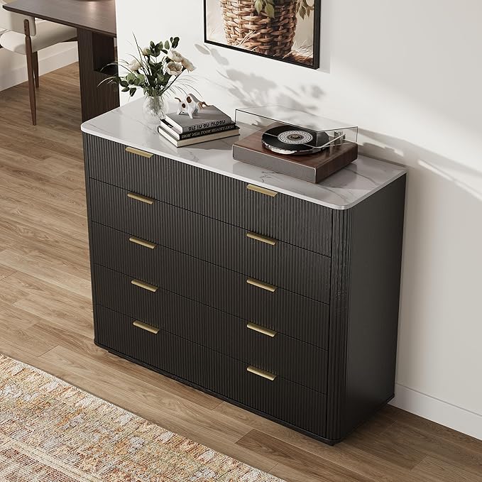 Fluted Drawers Dresser for Bedroom with 10 Drawers, 42'' Wide Mid Century Dressers with Faux Marble Top & Metal Handle, Wooden Chest of Drawers TV Stand, Natural Wood Closet Storage Organizer,Black