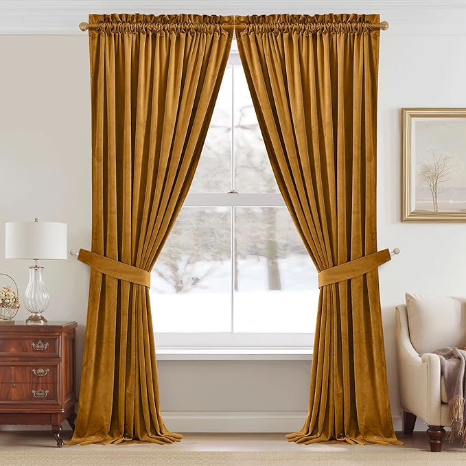 StangH Mustard Gold Velvet Curtains Rustic Privacy Room Darkening Curtains for Bedroom/Sliding Door, Gold Backdrop Panels for Halloween Party, W52 x L96, 2 Panels