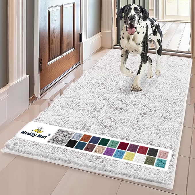 Muddy Mat® Shown on TV – Super Absorbent Microfiber Dog Door Mat for Muddy Paws, Non-Slip Washable Pet Rug, Quick Dry Chenille Entryway Carpet, Machine Washable Indoor Outdoor Doormat, White 59"x35"