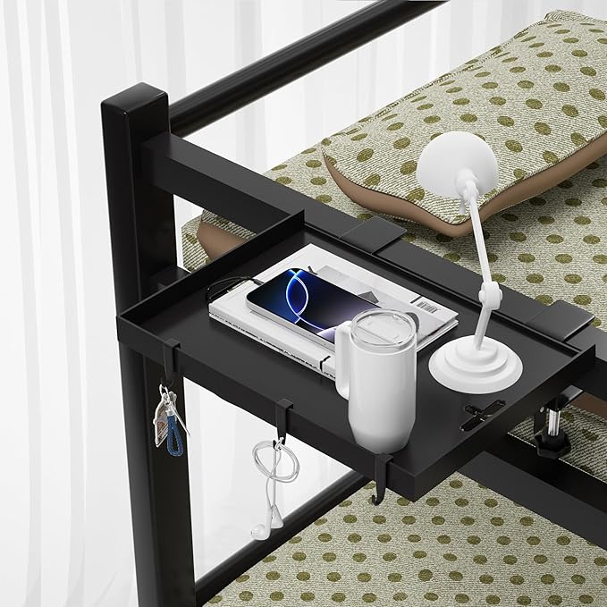 Foldable Bedside Shelf, Metal Clip-On Bed Tray Table for Bunk Bed & Dorm Beds, Dorm Room Essentials Organizer for College Students, Floating Tray, Space Saving Nightstand for Loft Beds (Black, Small)