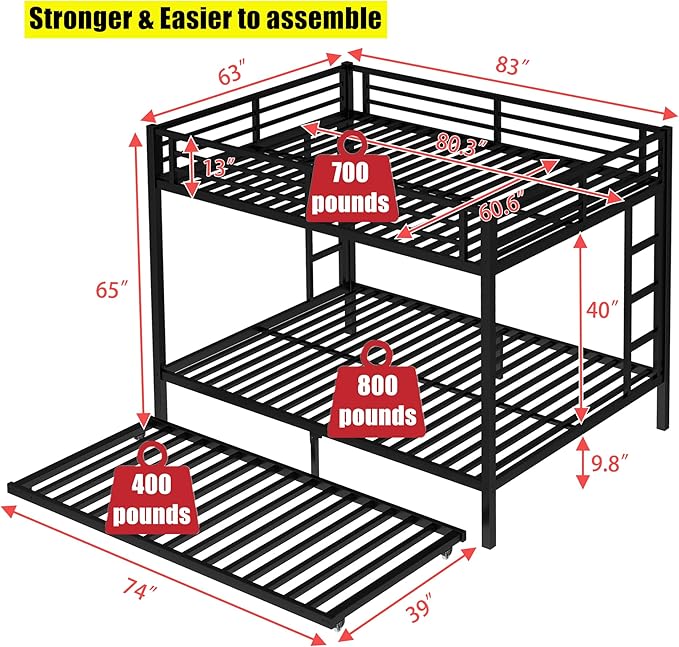 Higher Quality & Stronger Metal Bunk Bed Queen Over Queen Size Bunkbed Frame, Thickened Heavy Duty More Stable Steel Bunk Bed with Twin Size Trundle (Queen Over Queen)