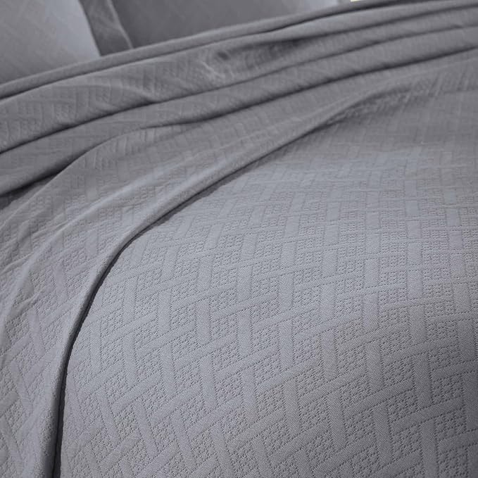 Superior 3 Piece Basketweave Cotton Bedspread Set, Home Bed Decor, Decorative Bed Spread, 2 Pillow Shams, Medium Weight Blanket, Matelasse Coverlet Bedding, Geometric Lattice Pattern, Full, Grey