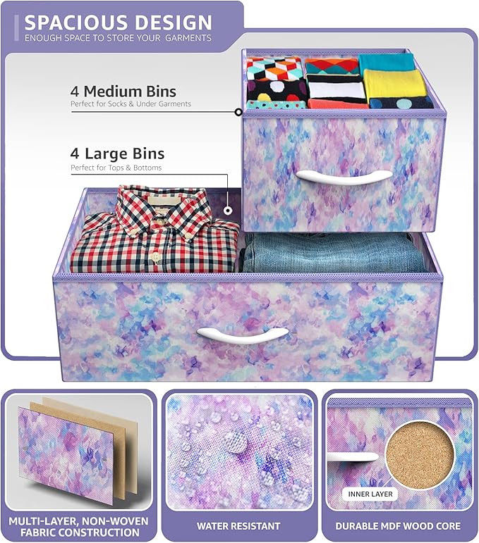 Sorbus Dresser with 8 Drawers - Furniture Storage Chest for Kid’s, Teens, Bedroom, Nursery, Playroom, Clothes, Toys - Steel Frame, Wood Top, Fabric Bins (Tie-dye Purple)