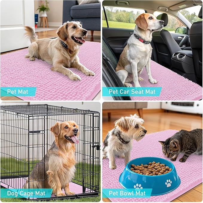 OLANLY Dog Door Mat for Muddy Paws 48x30, Absorbs Moisture and Dirt, Absorbent Non-Slip Washable Doormat, Quick Dry Chenille Mud Mat for Dogs, Entry Indoor Entryway Carpet for Inside Floor, Pink